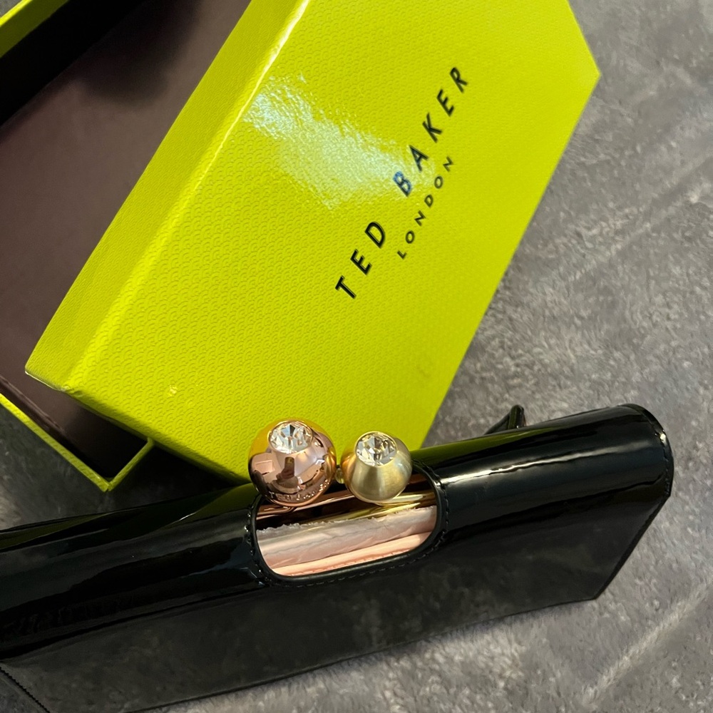 Ted Baker Black Patent Clutch with Rose Gold and Gold Detail